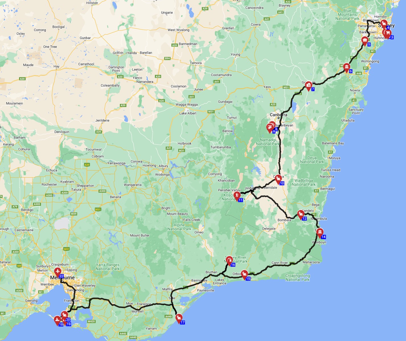 Map for Sydney to Melbourne